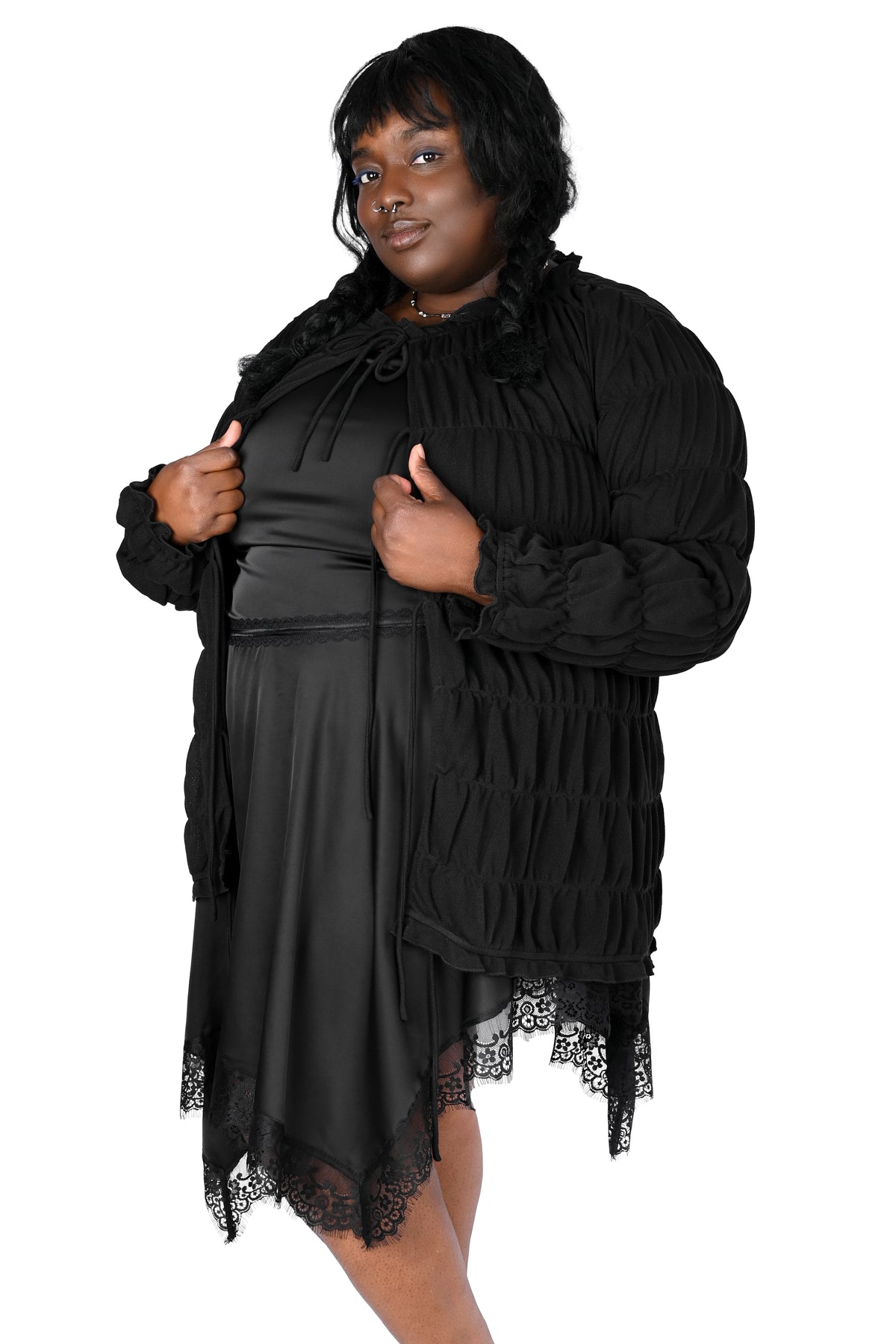 Tiered, open front long sleeve top with 3 adjustable ties.
