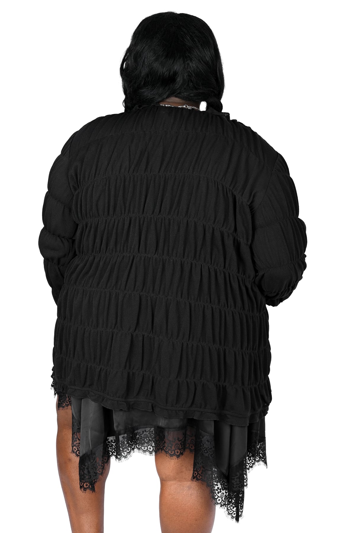 Tiered, open front long sleeve top with 3 adjustable ties.