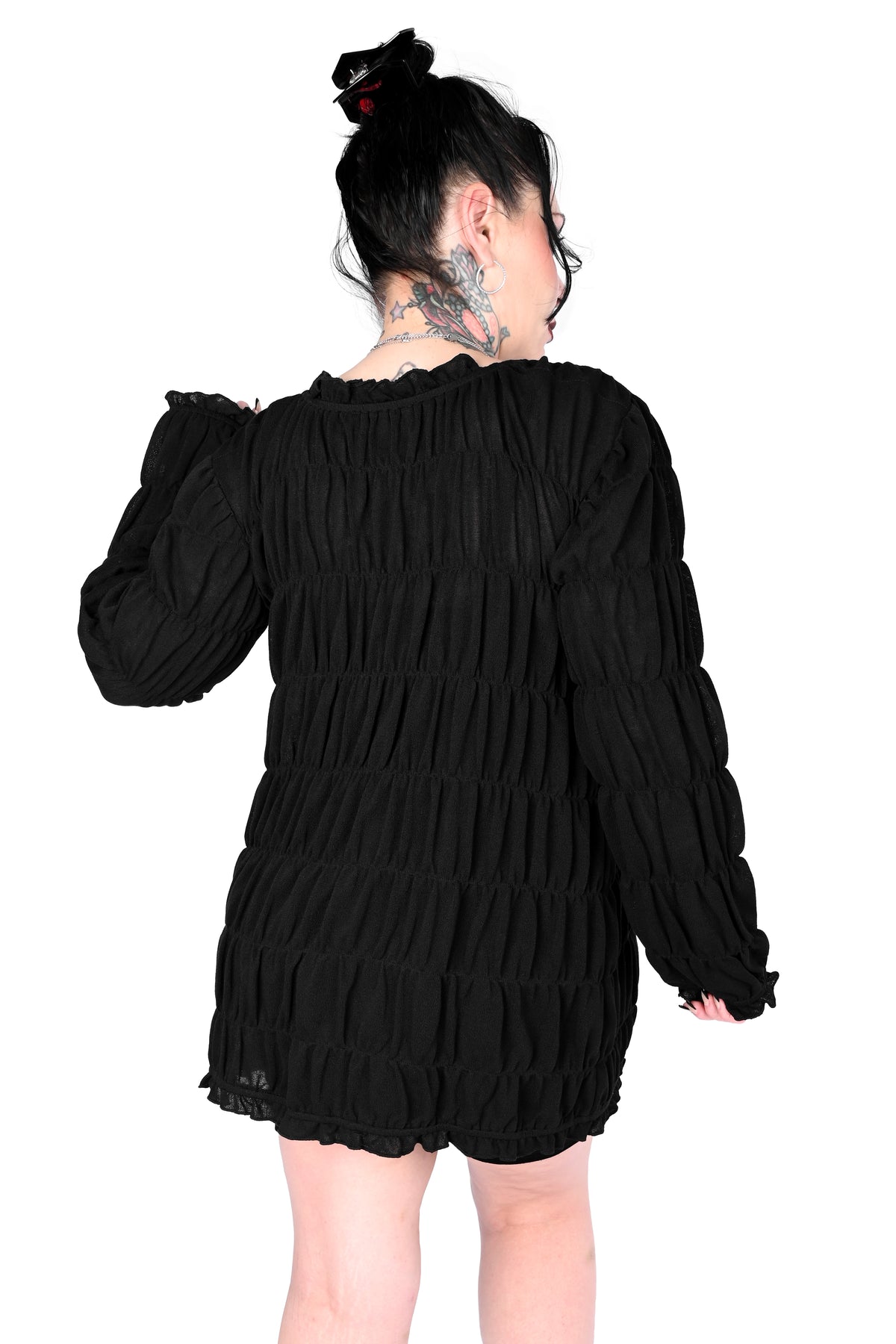 Tiered, open front long sleeve top with 3 adjustable ties.