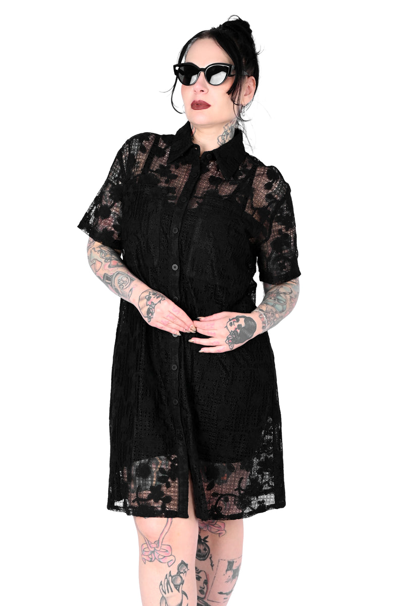 Oversized lace t-shirt dress with fully button up front.