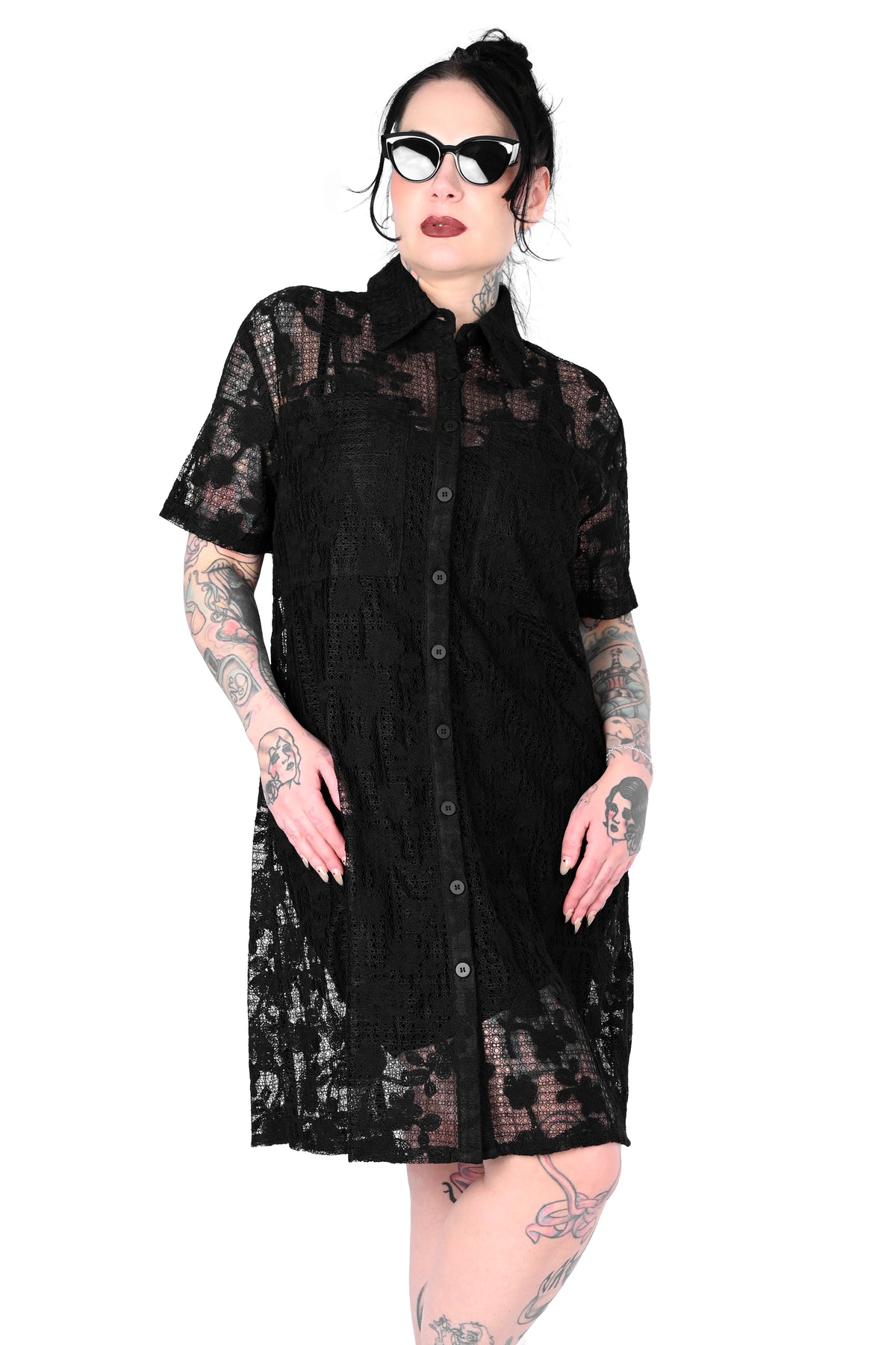 Oversized lace t-shirt dress with fully button up front.