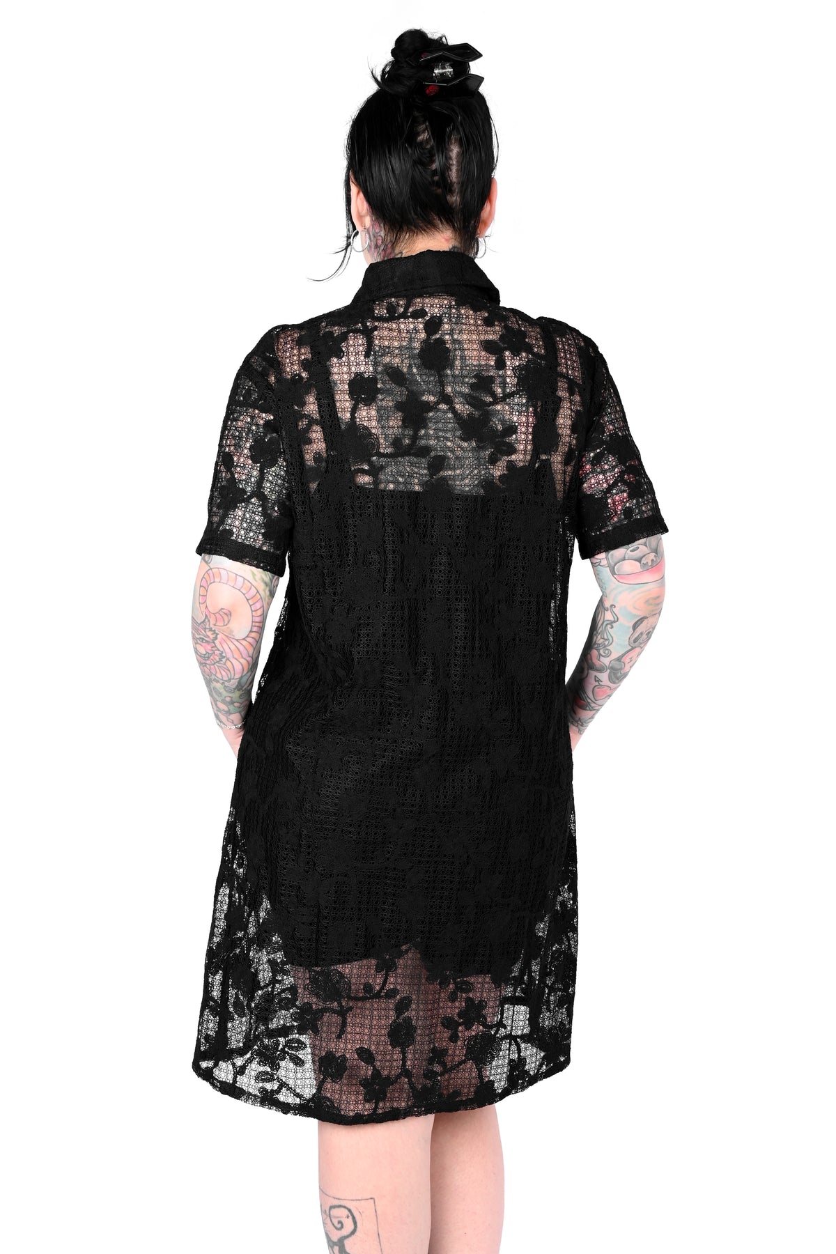 Oversized lace t-shirt dress with fully button up front.