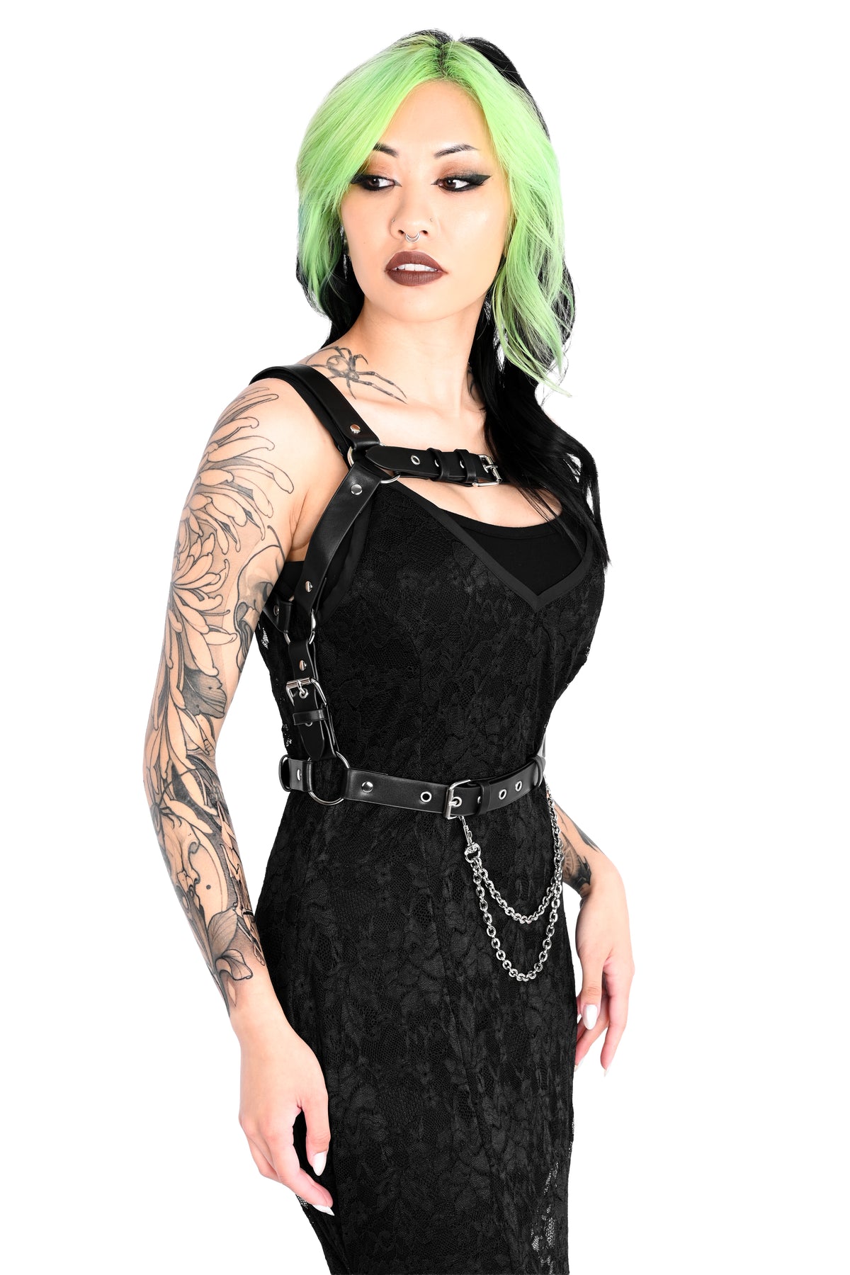 Black lace bodycon maxi dress with mermaid hem.