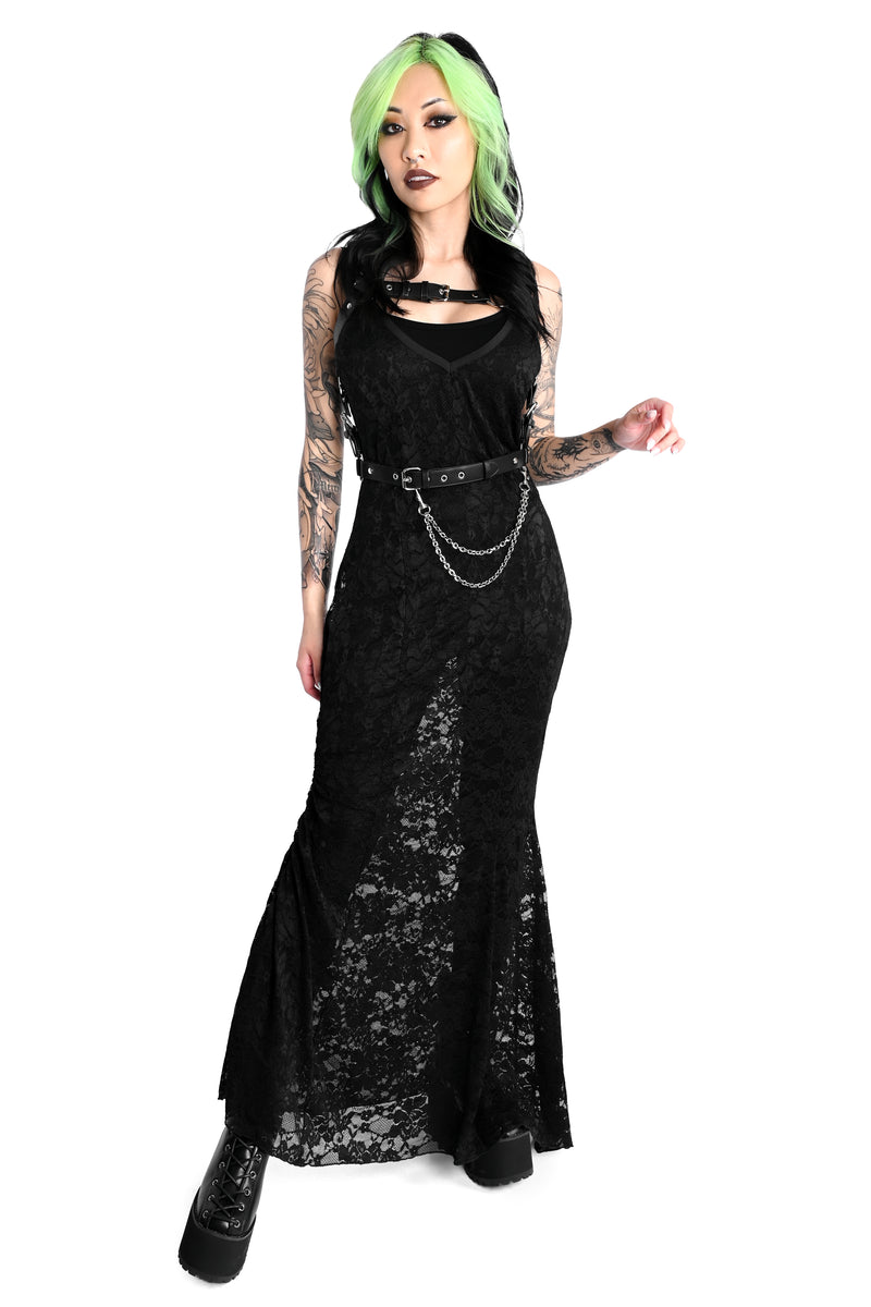 Black lace bodycon maxi dress with mermaid hem.