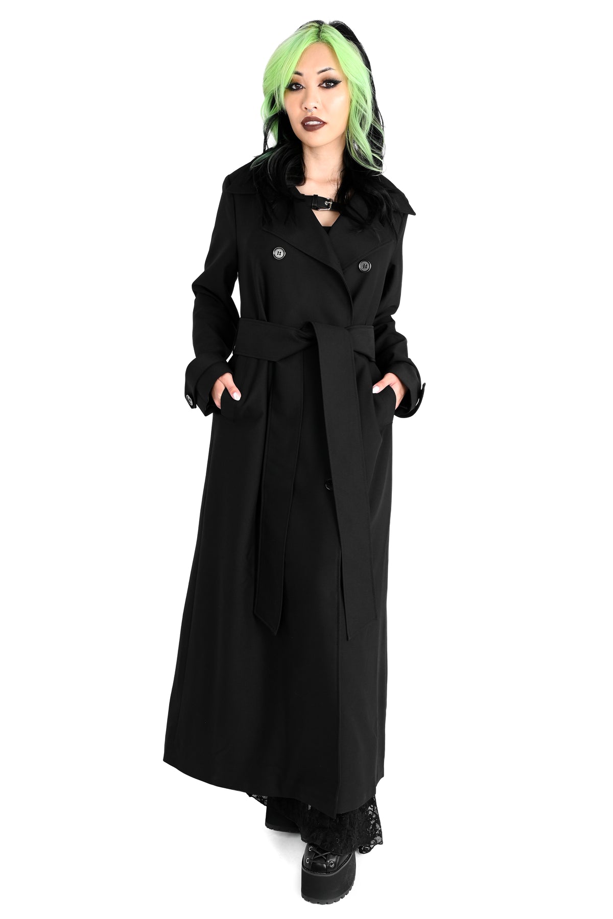 Unisex trench coat with button up front.