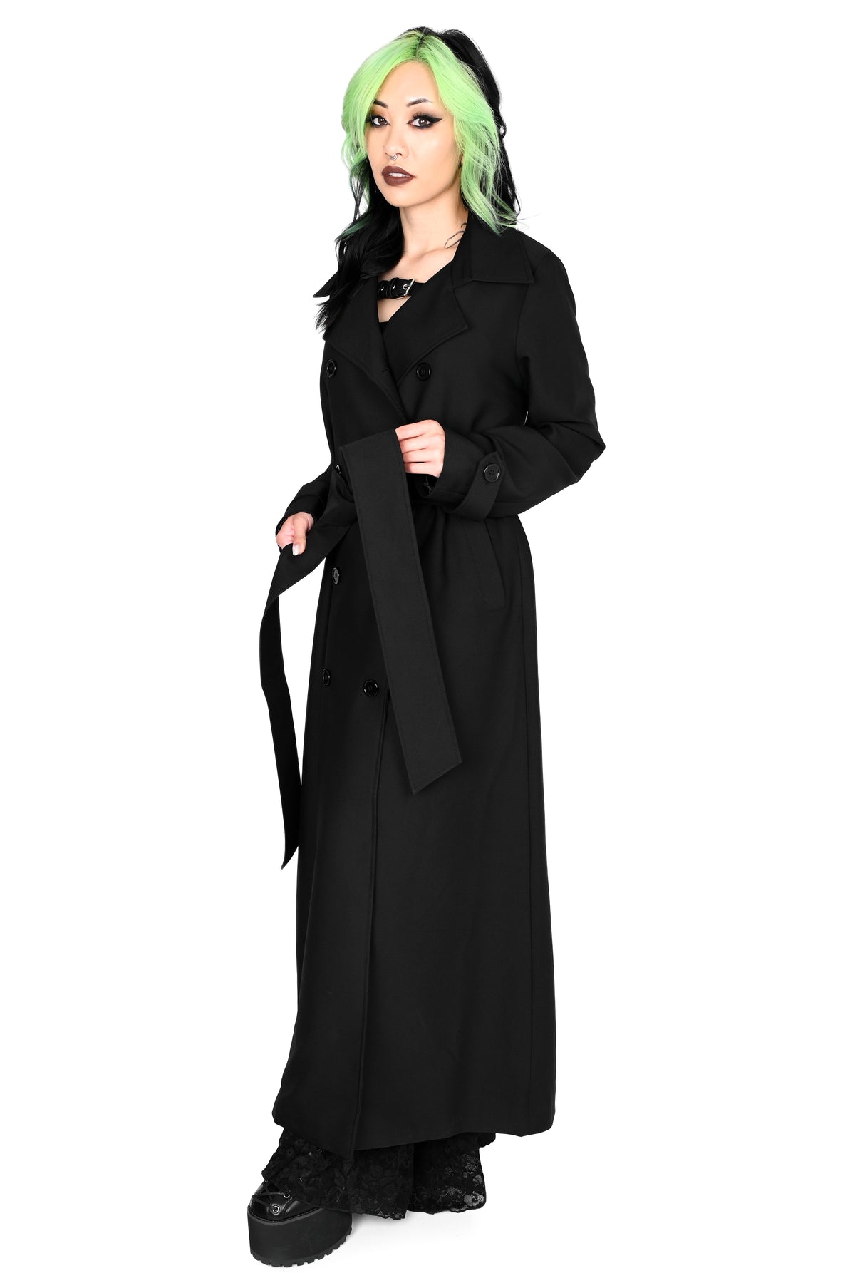 Unisex trench coat with button up front.
