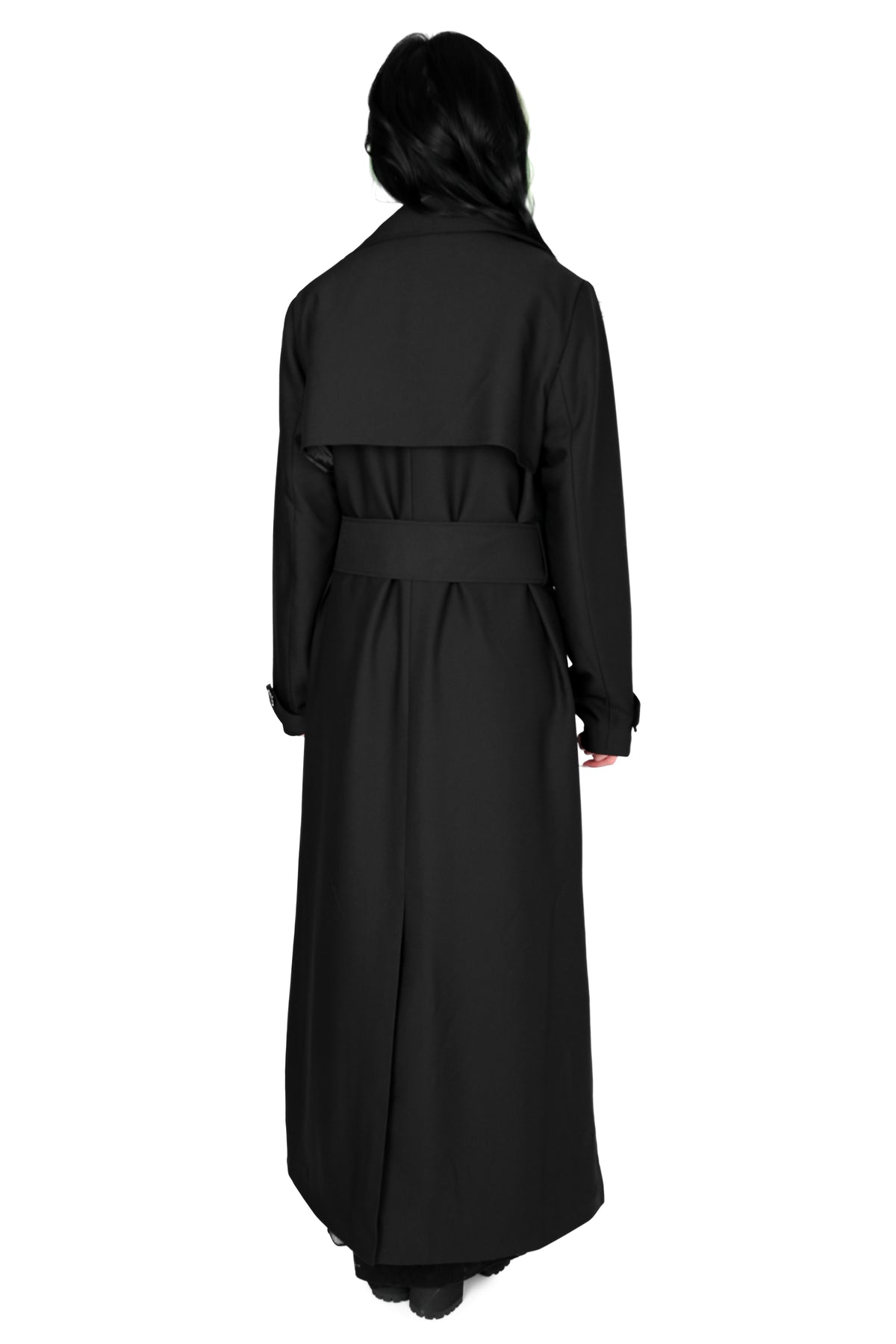 Unisex trench coat with button up front.