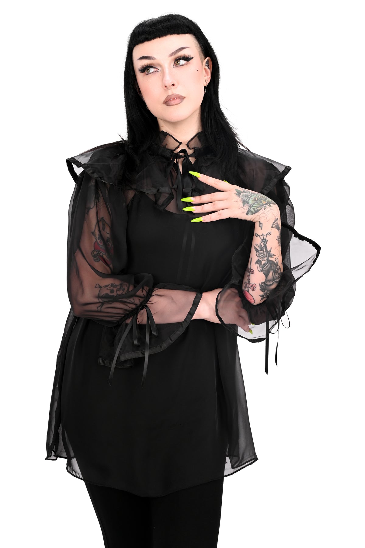 black chiffon babydoll tunic with a dramatic collar and cuffs