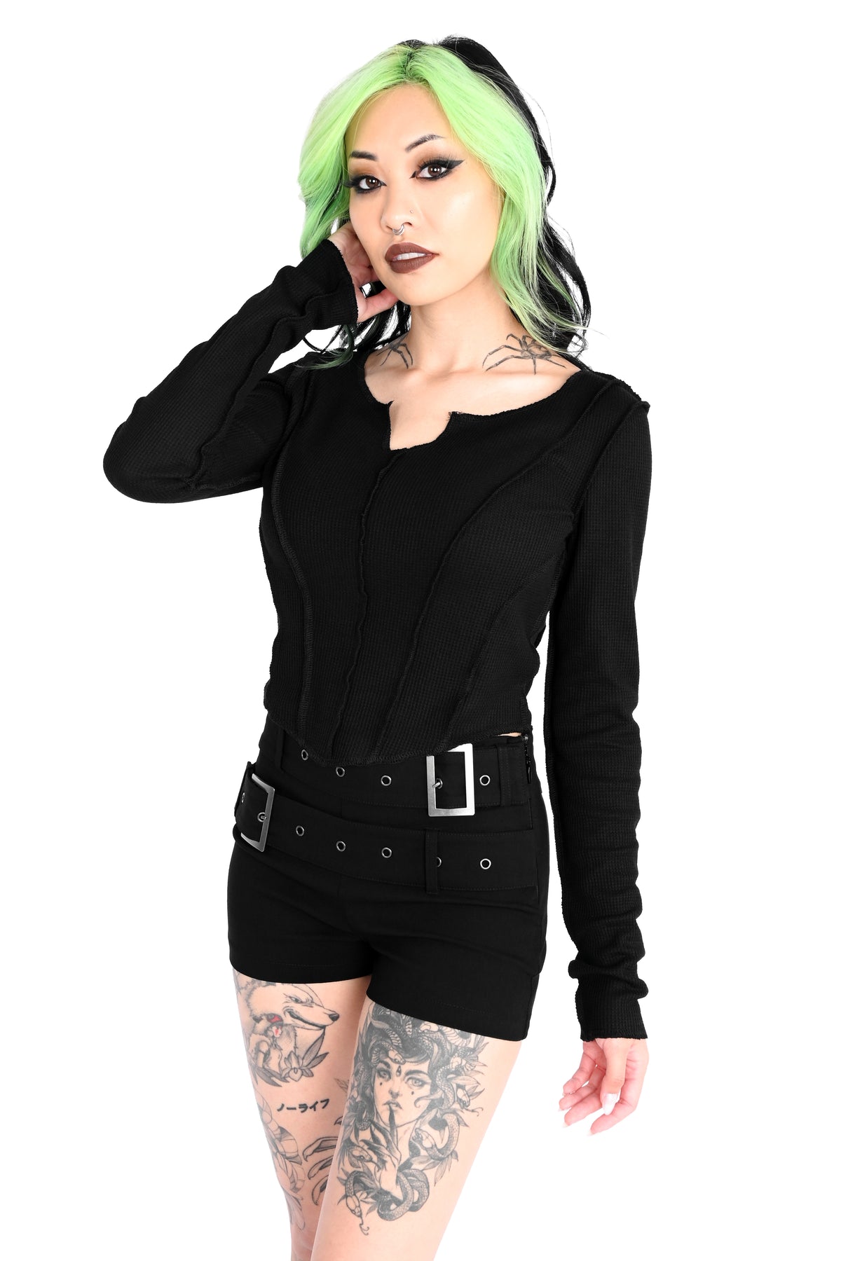 Black mini shorts with built in adjustable belt.