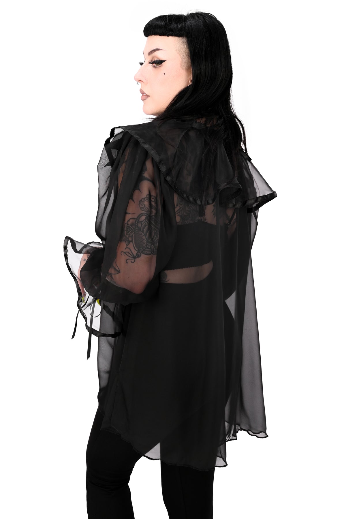 black chiffon babydoll tunic with a dramatic collar and cuffs