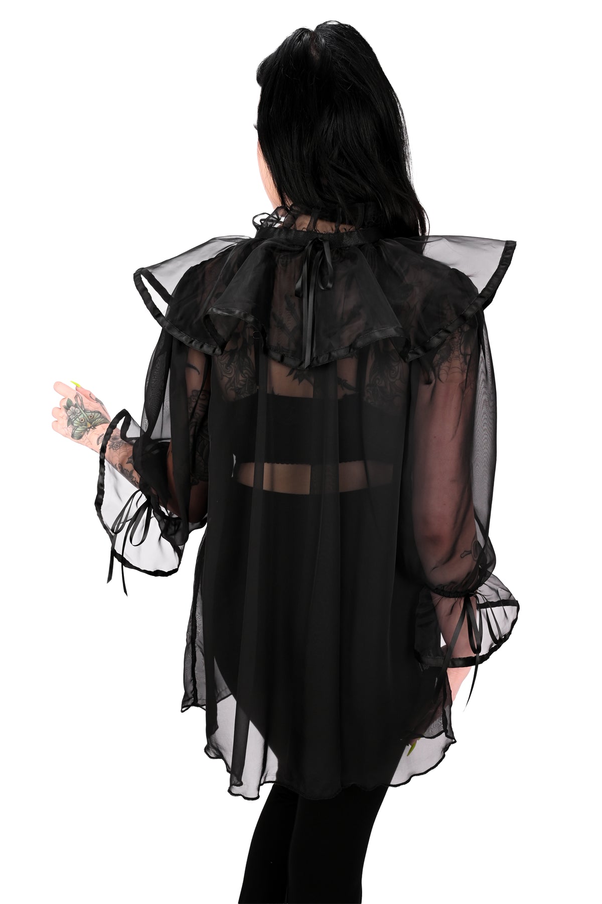 black chiffon babydoll tunic with a dramatic collar and cuffs