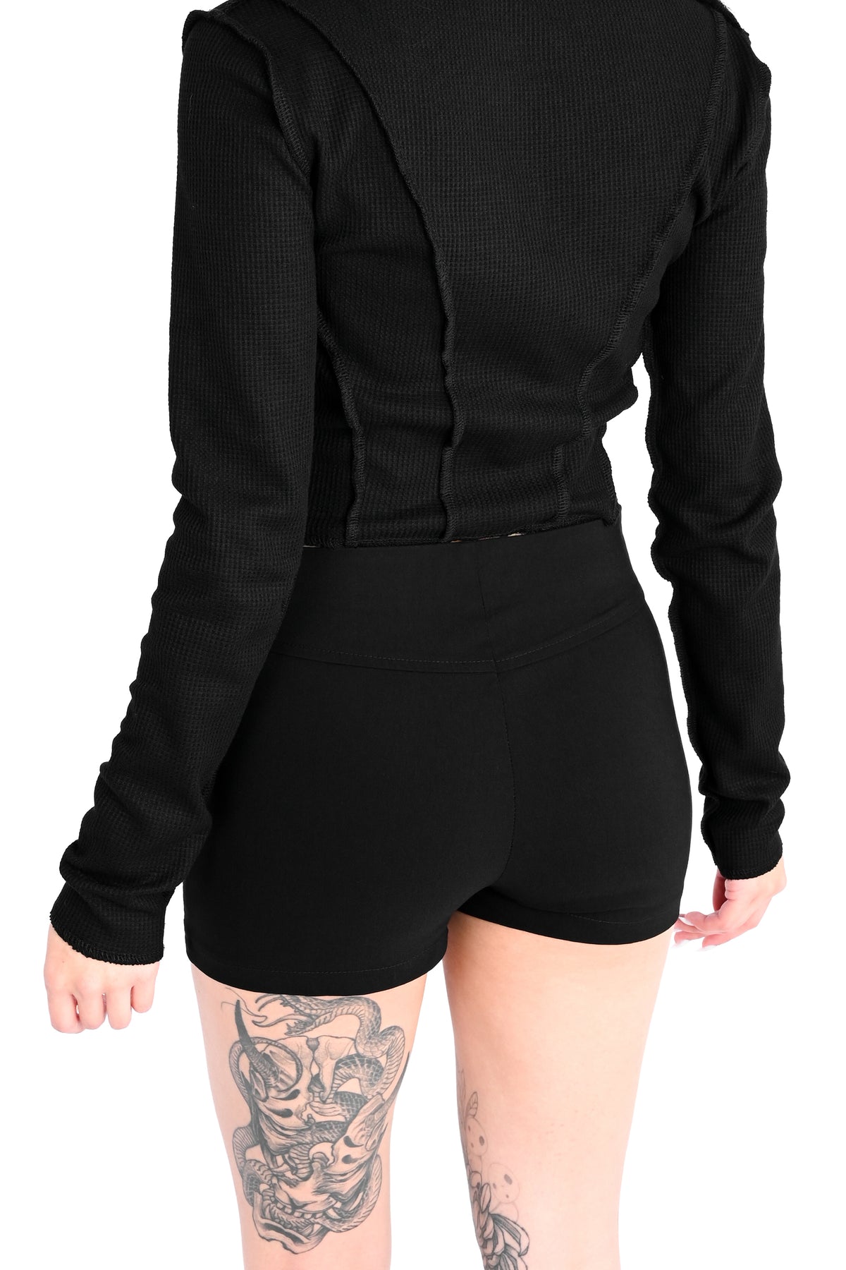 Black mini shorts with built in adjustable belt.