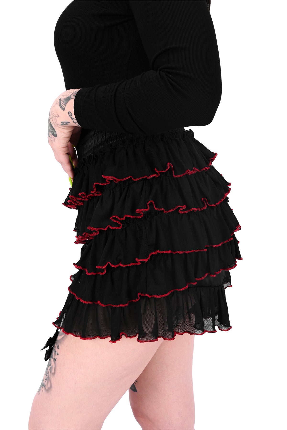 black and red mesh ruffle bloomers with garters
