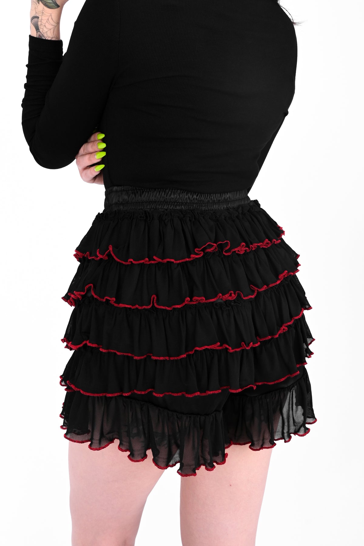 black and red mesh ruffle bloomers with garters
