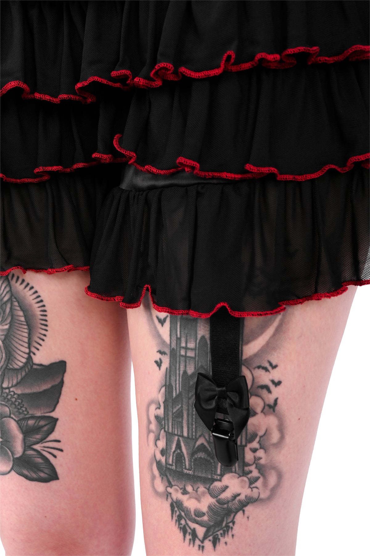 black and red mesh ruffle bloomers with garters