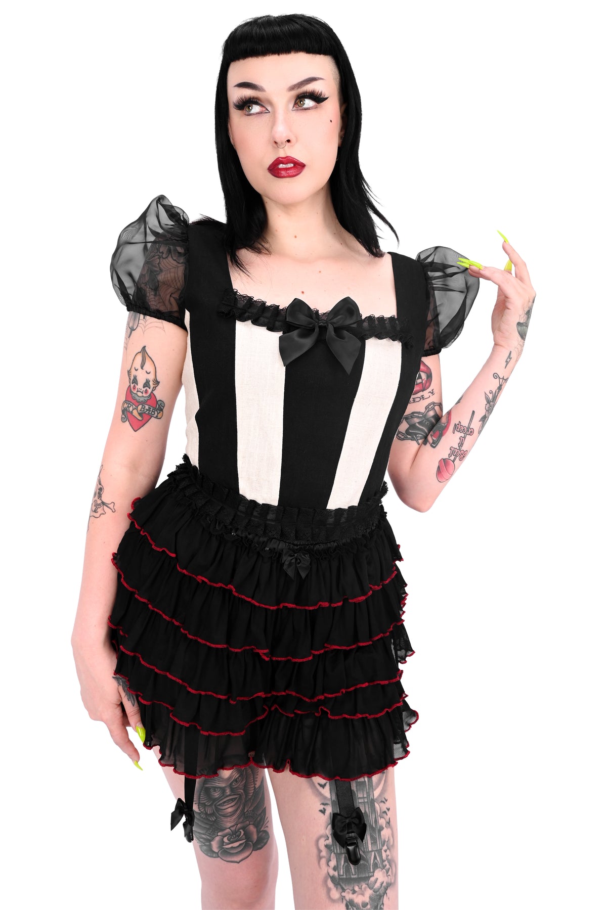 black and off white striped corset top with organza puff sleeves