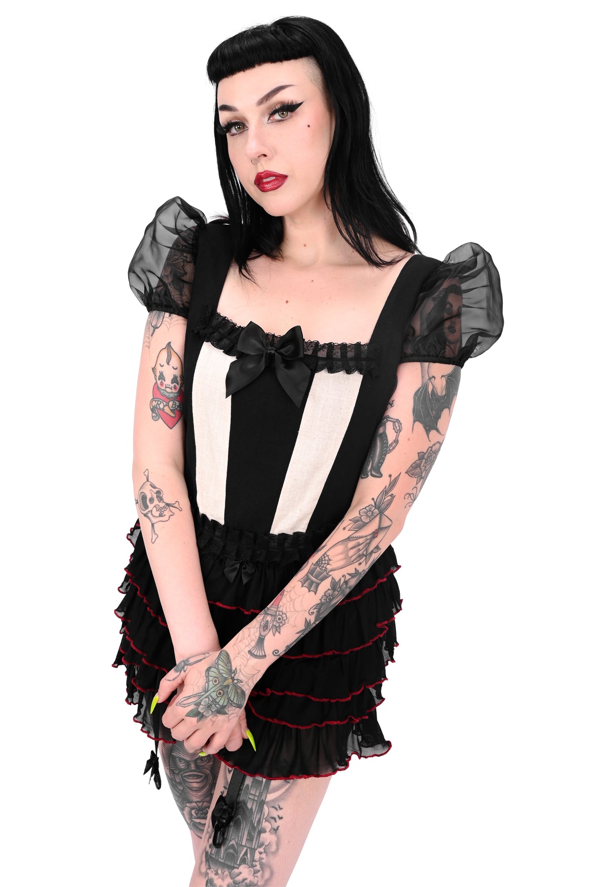 black and off white striped corset top with organza puff sleeves
