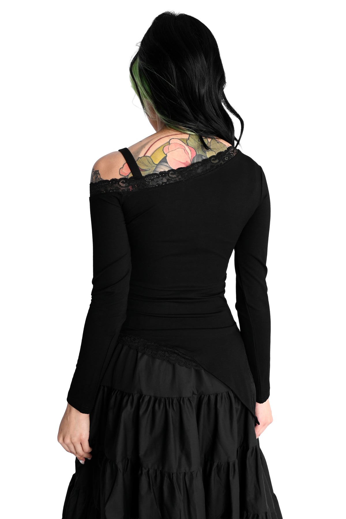 Black long sleeve top with one off the shoulder sleeve and a stretch lace trim.