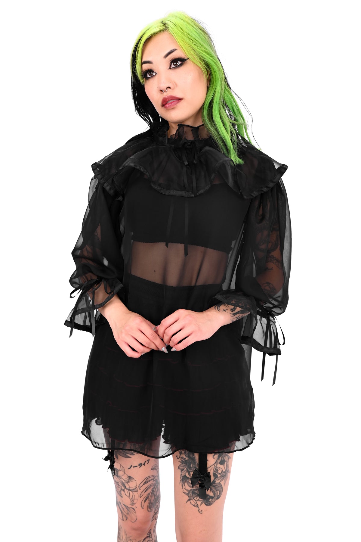 black chiffon babydoll tunic with a dramatic collar and cuffs