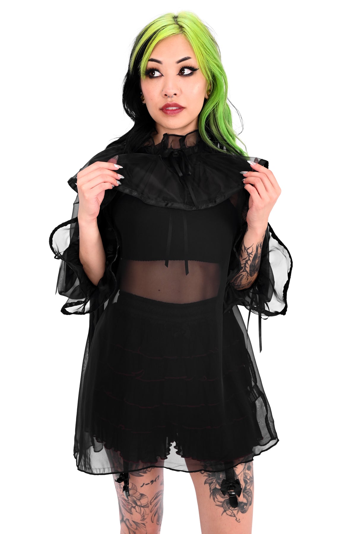black chiffon babydoll tunic with a dramatic collar and cuffs