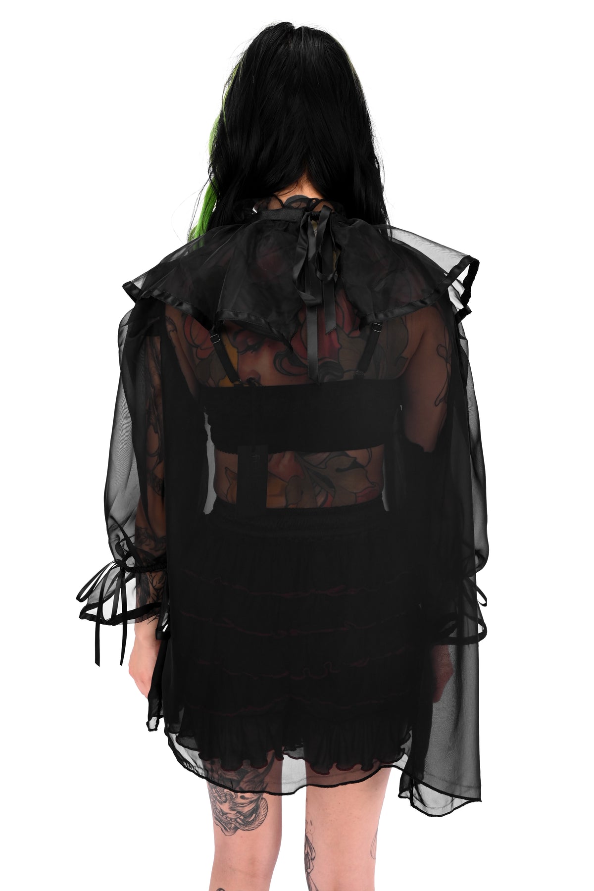 black chiffon babydoll tunic with a dramatic collar and cuffs