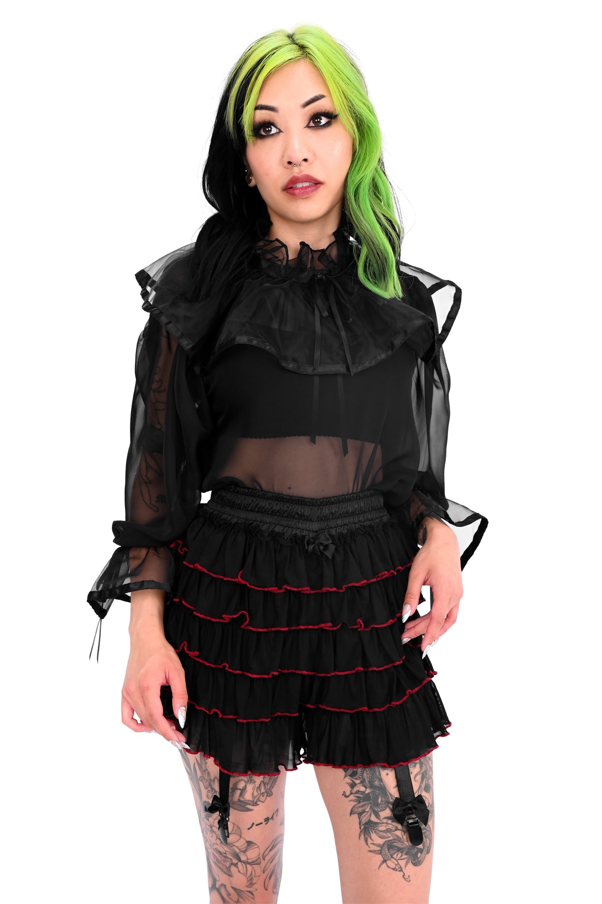 black and red mesh ruffle bloomers with garters
