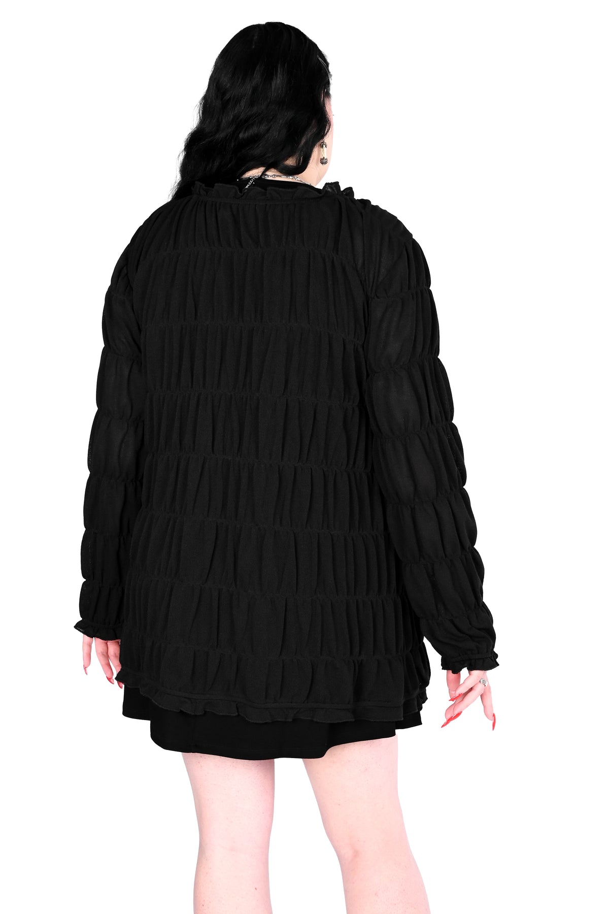 Tiered, open front long sleeve top with 3 adjustable ties.
