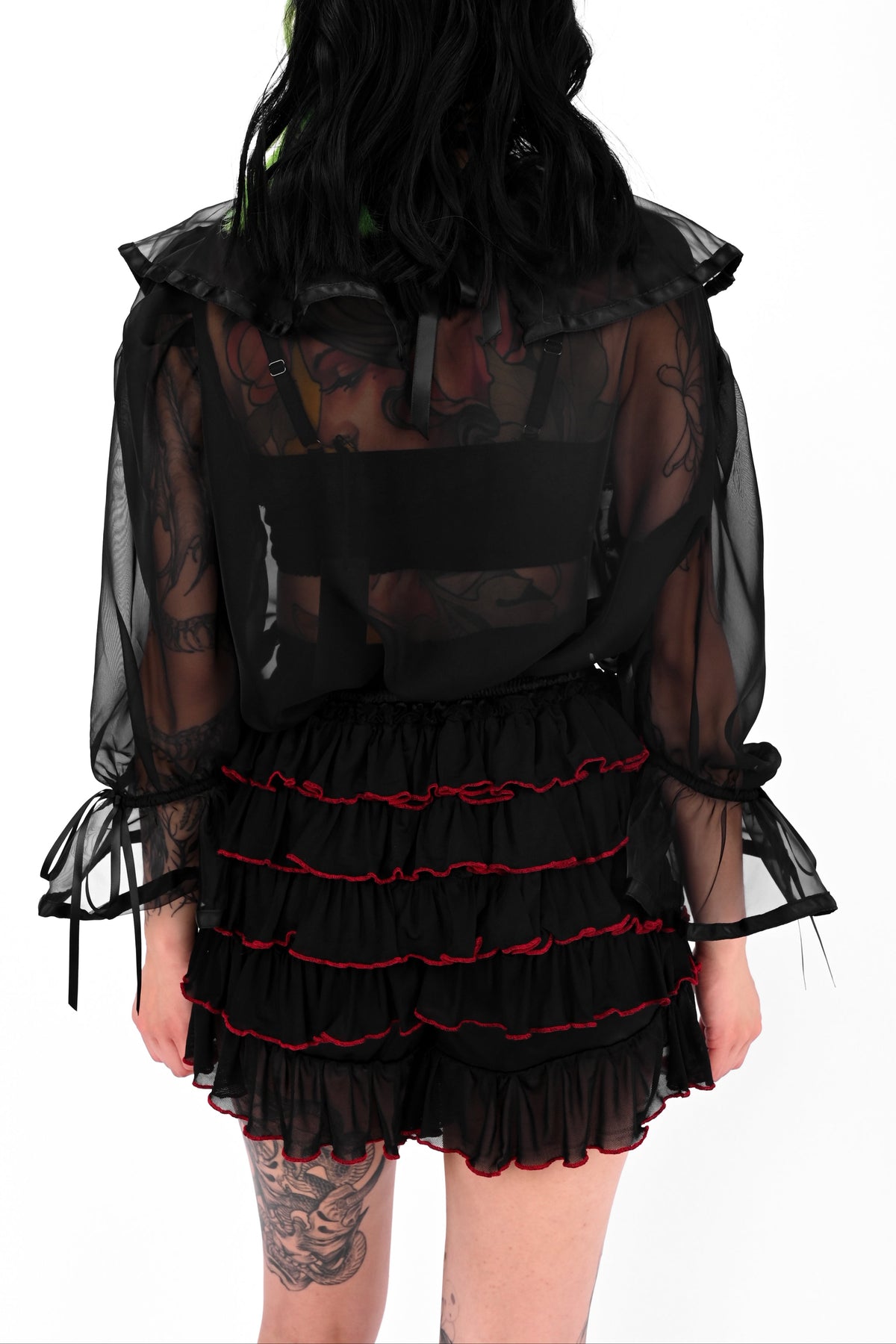 black and red mesh ruffle bloomers with garters