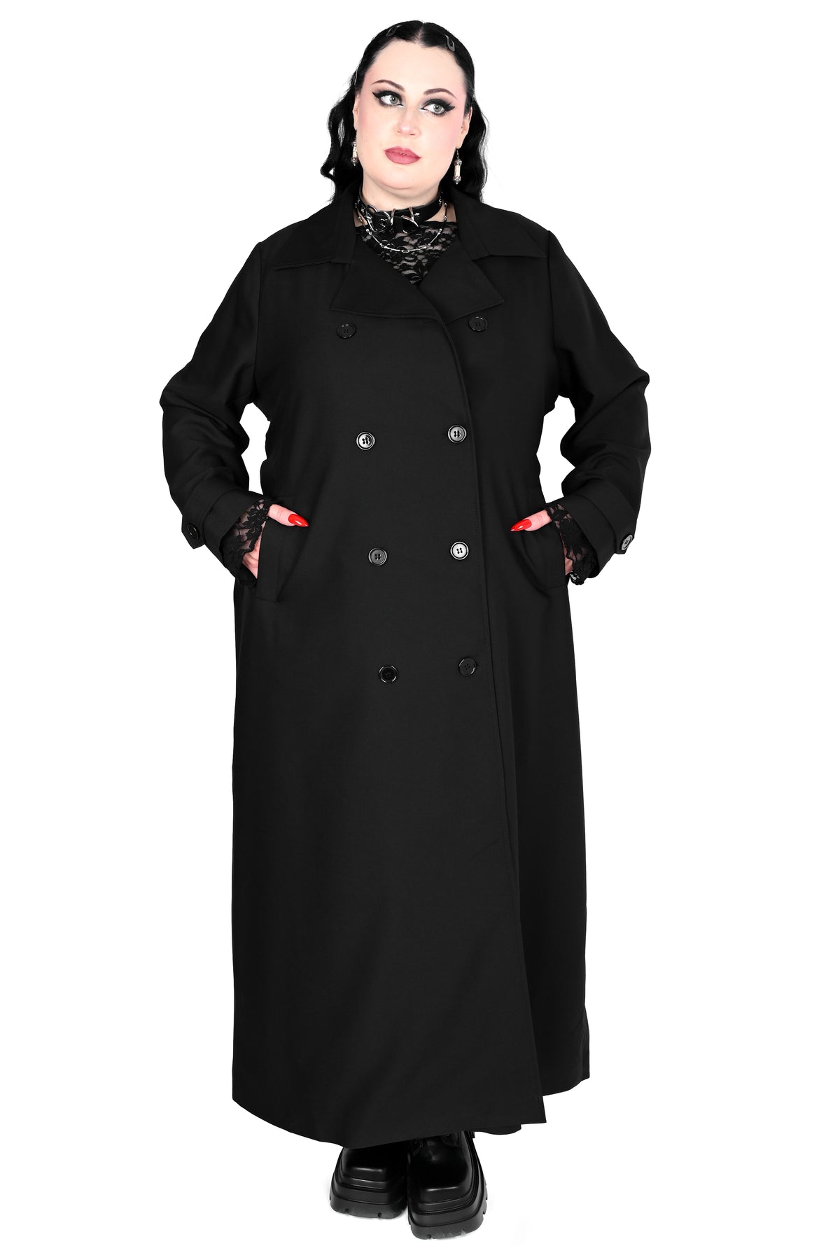 Unisex trench coat with button up front.