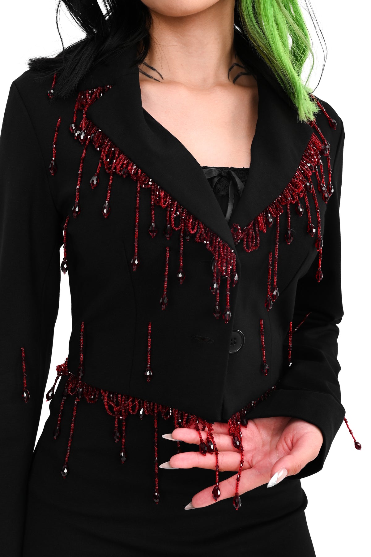 black blazer with red beaded blood drip trim