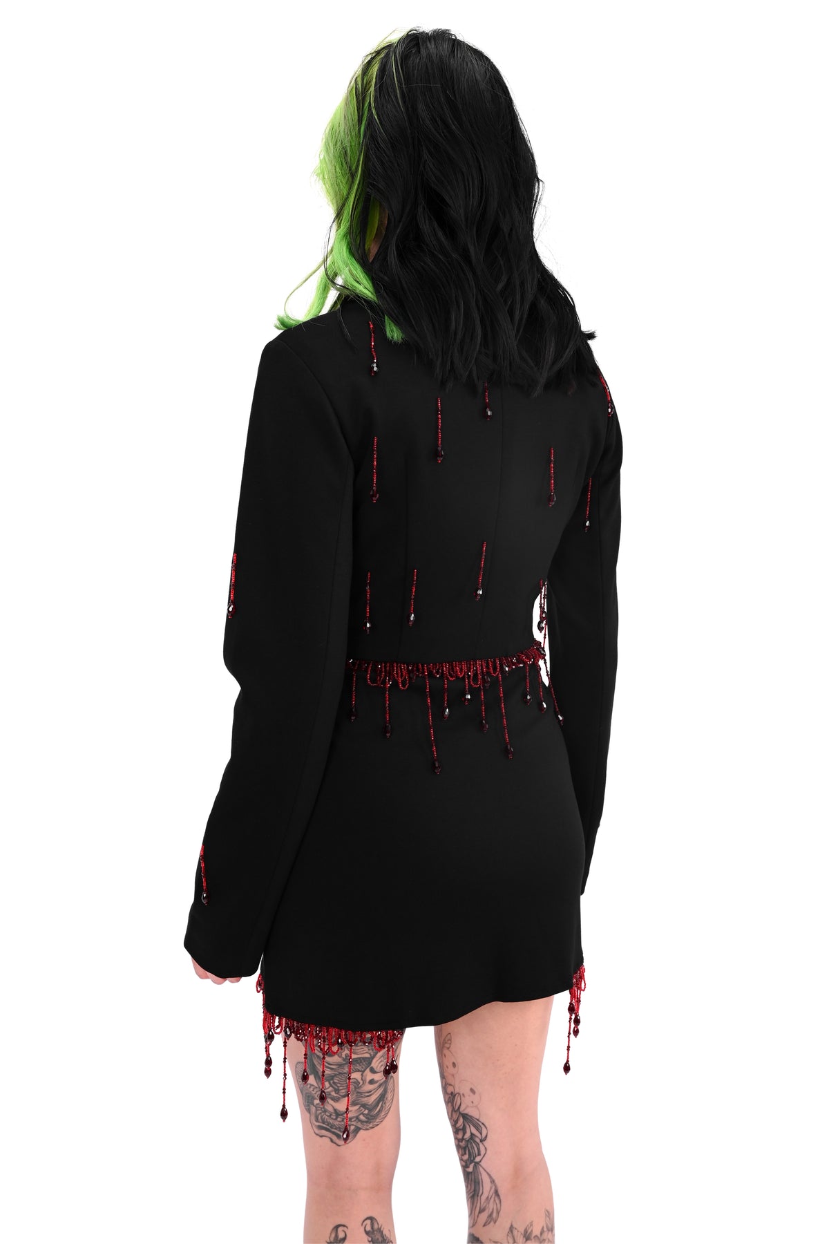 black blazer with red beaded blood drip trim