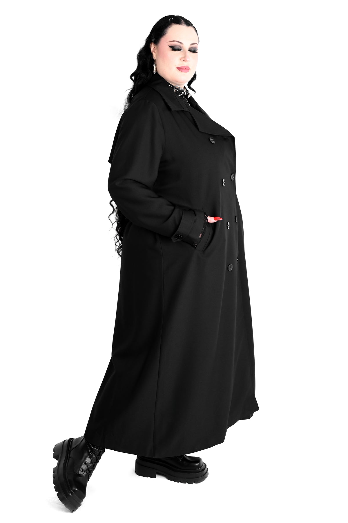 Unisex trench coat with button up front.