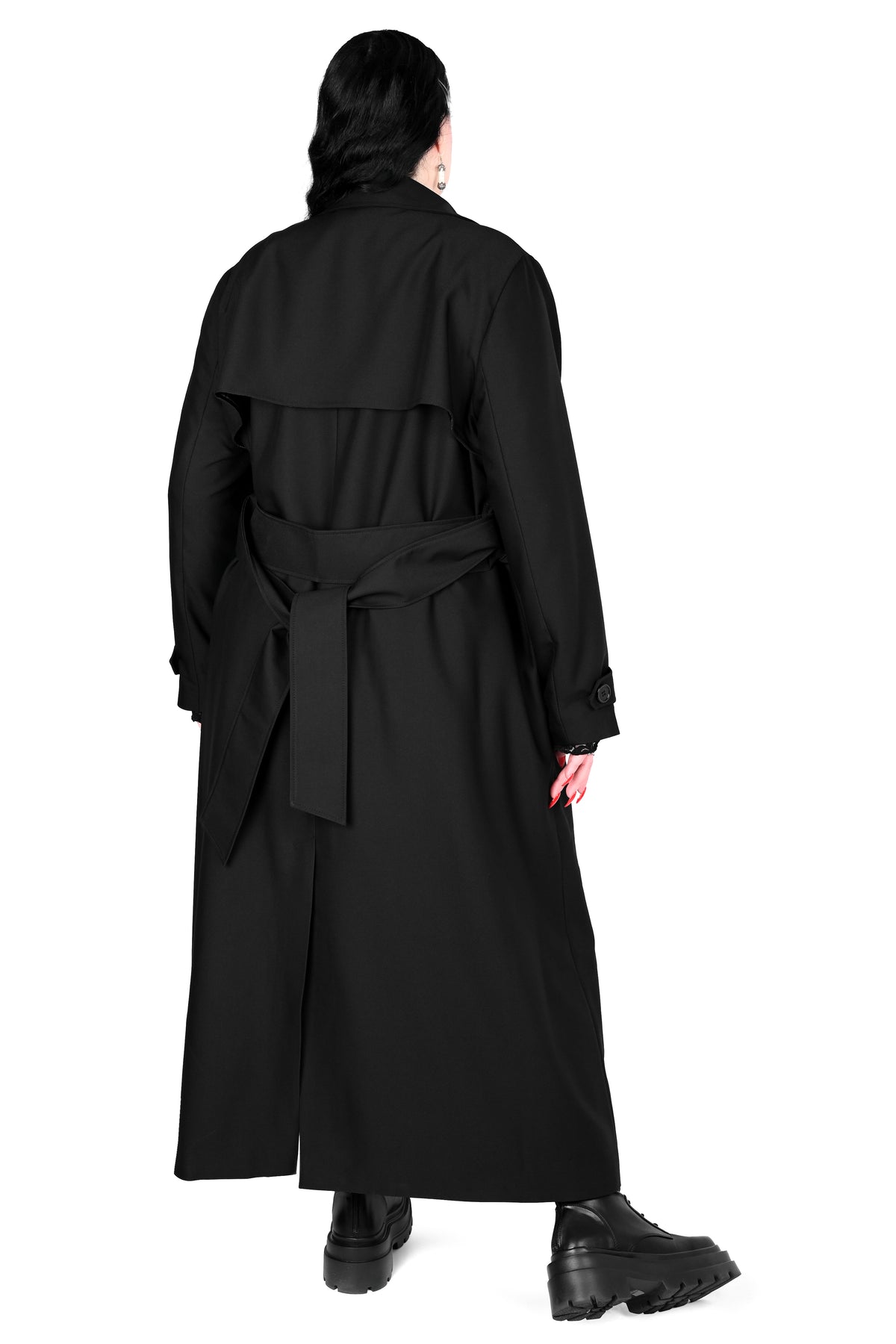 Unisex trench coat with button up front.