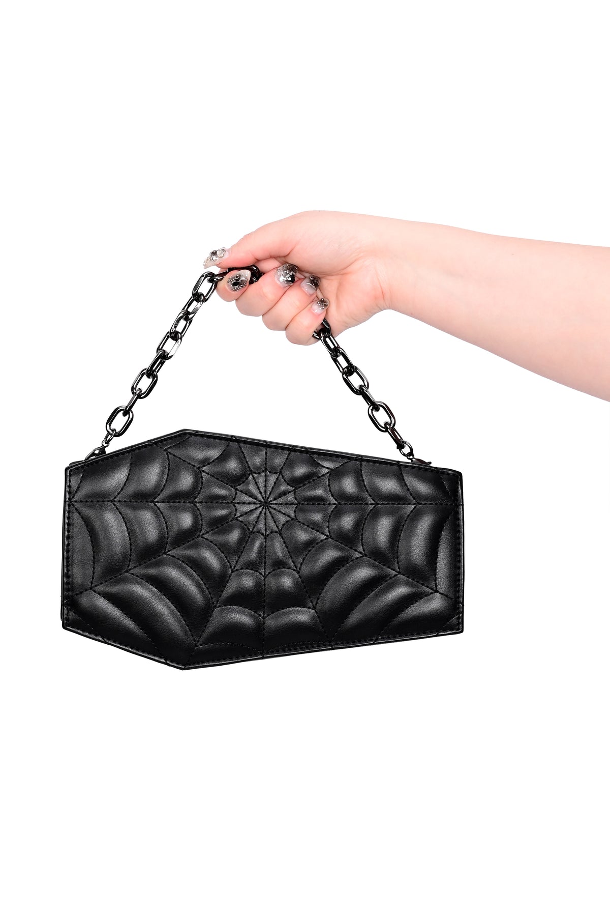 black coffin crossbody bag with black spiderweb stitching and silver chain detail