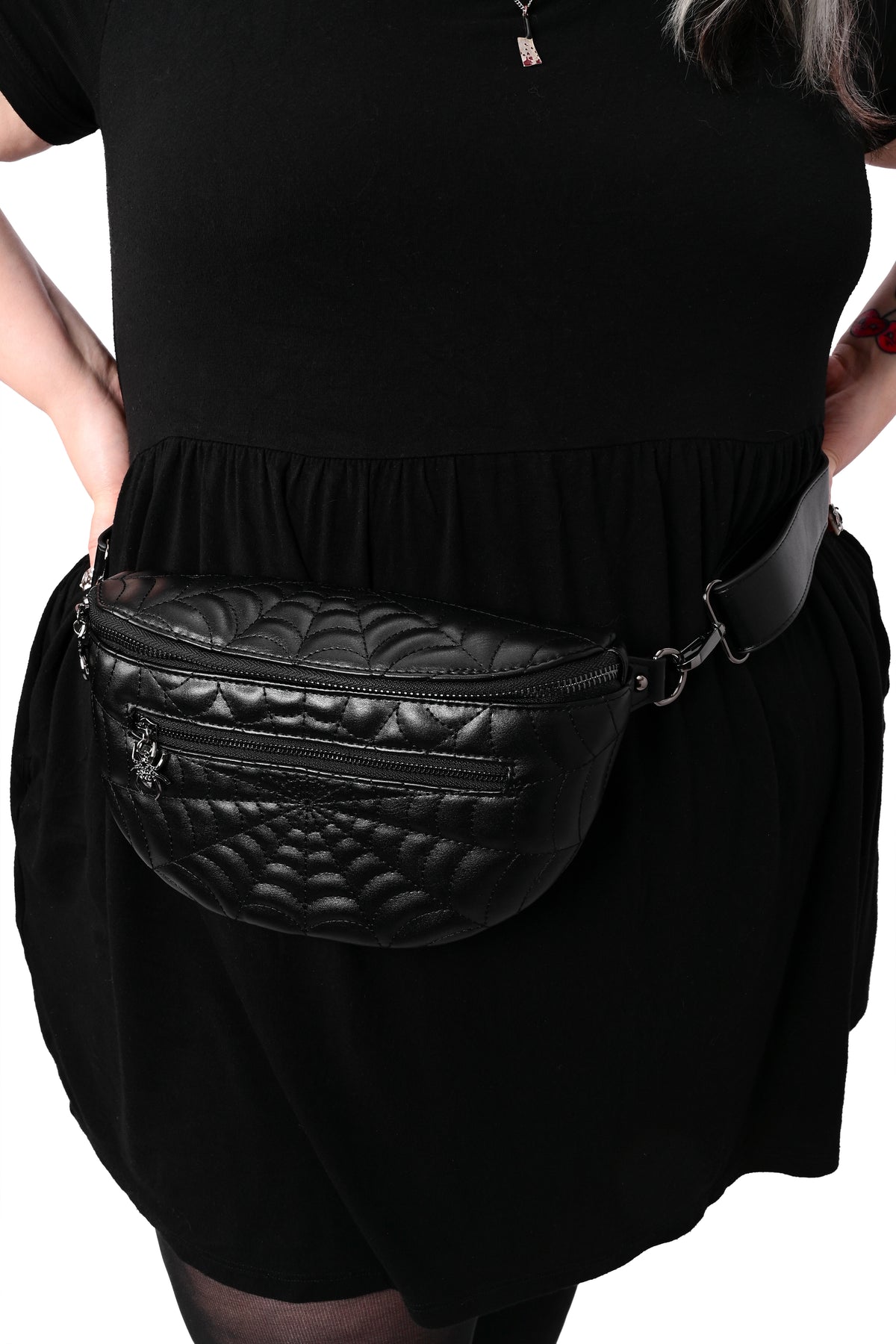 black on black spiderweb fannypack