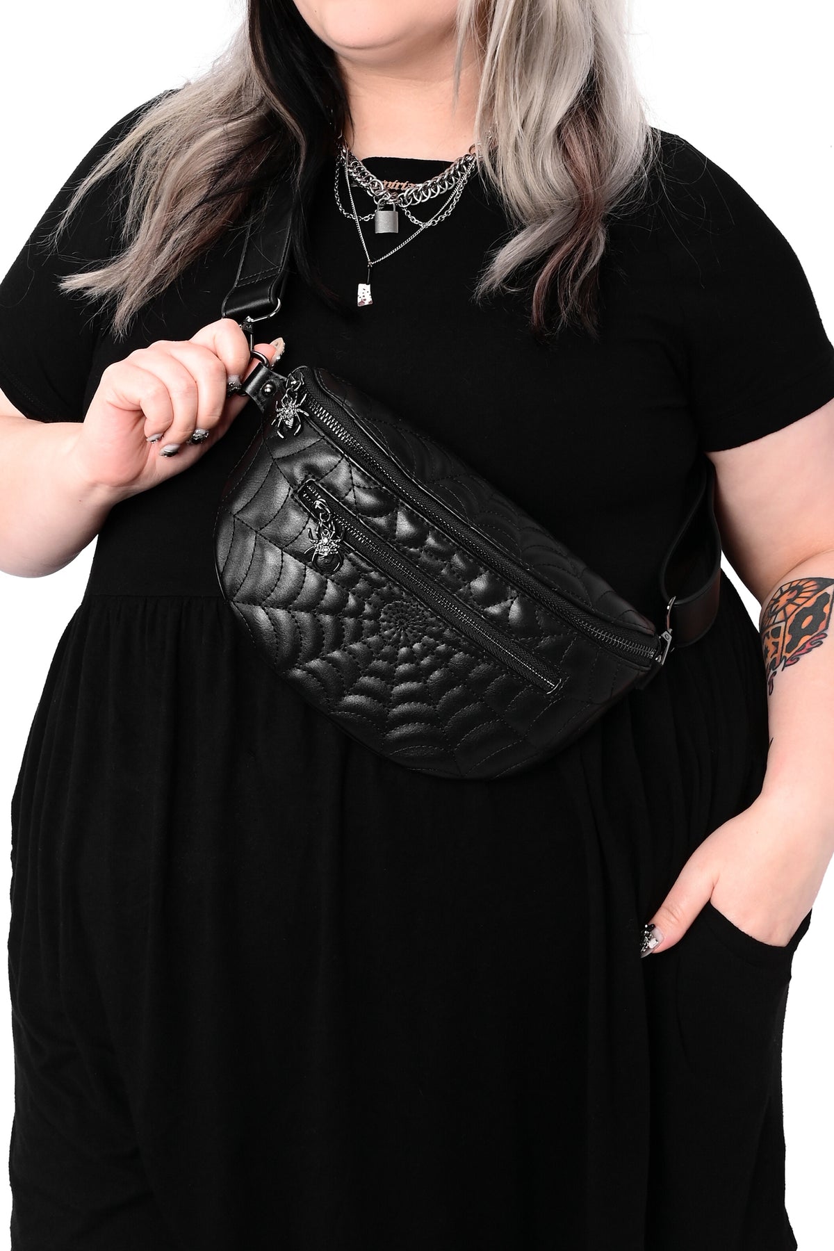 black on black spiderweb fannypack