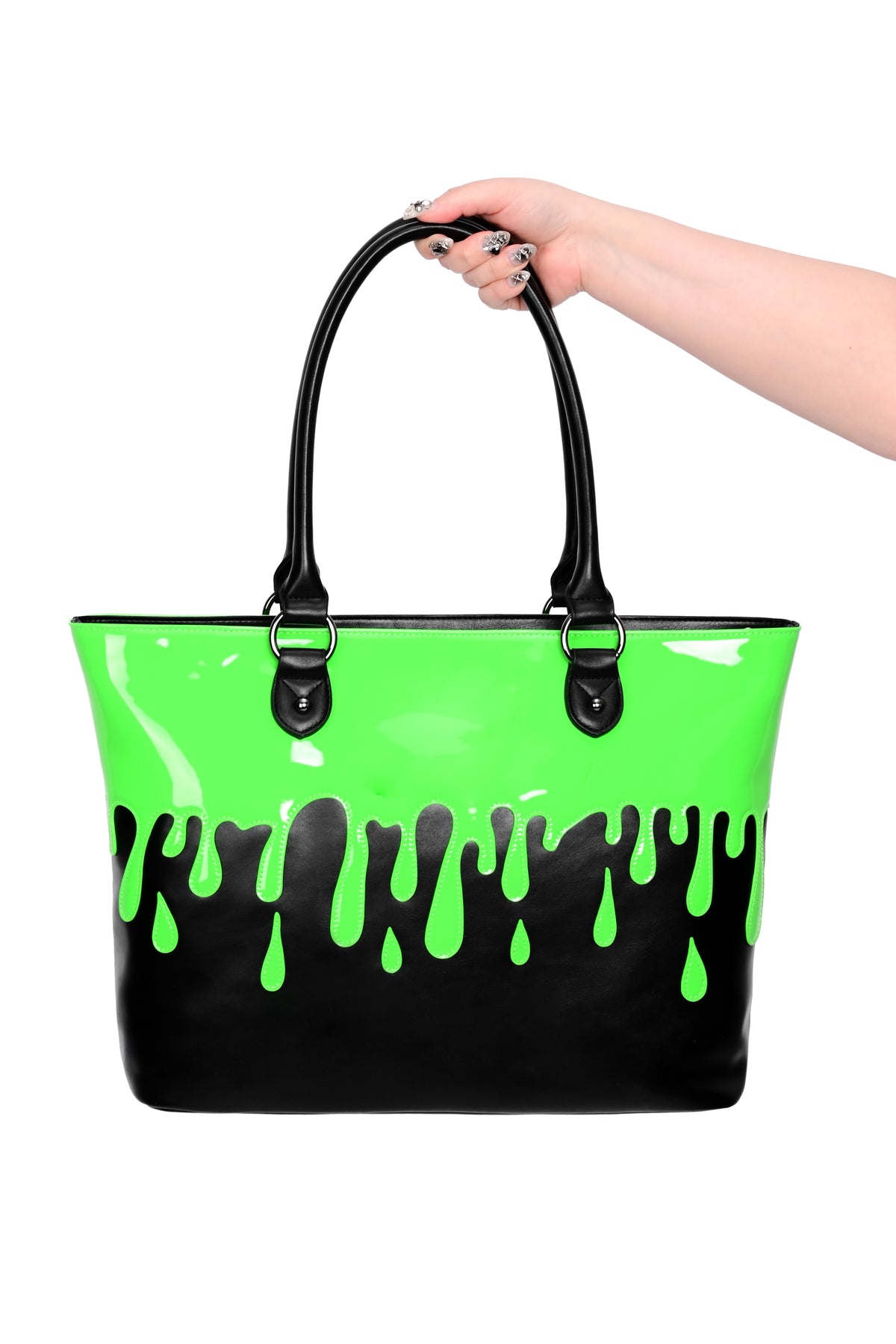 black PU tote bag with green slime overlay design