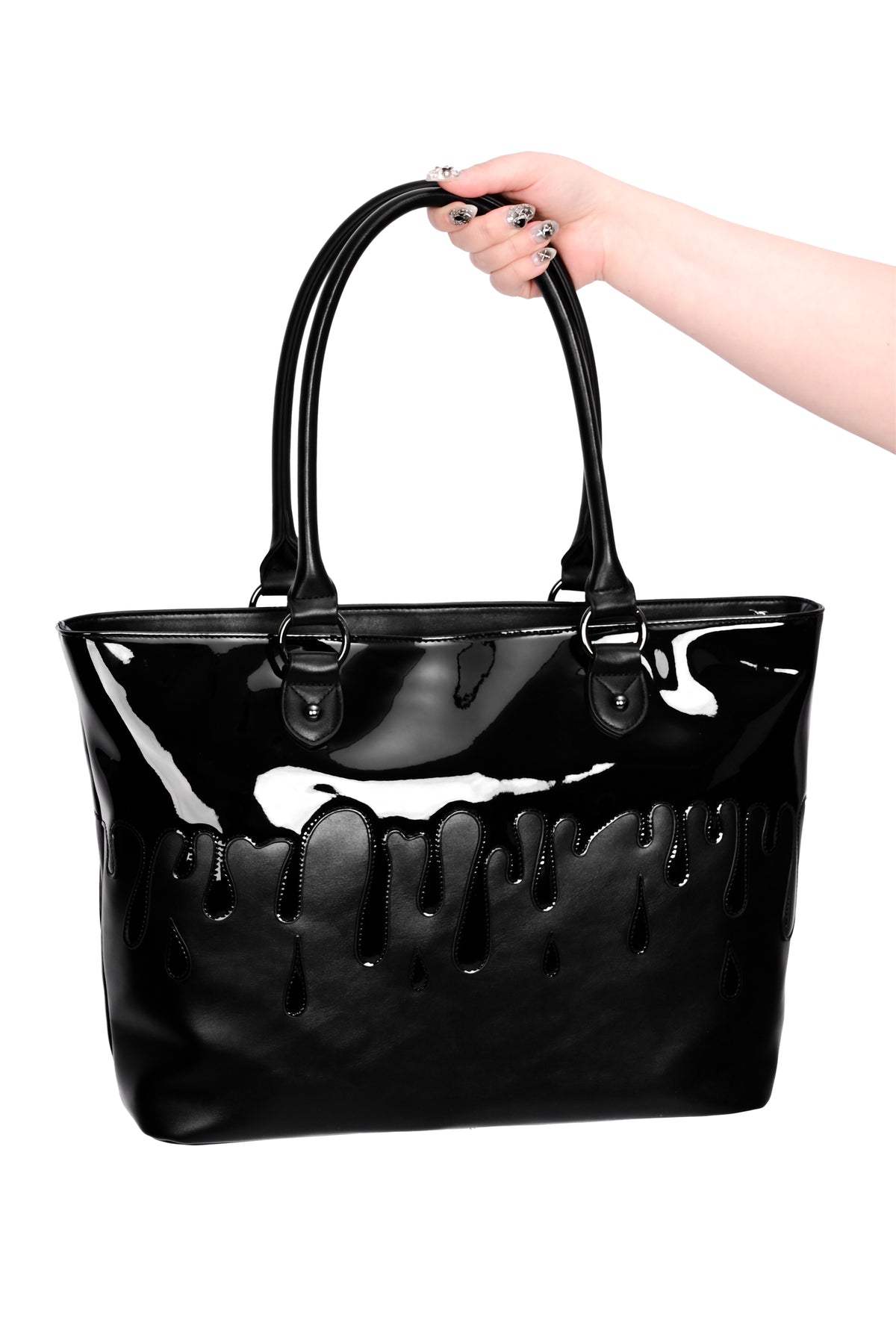 black PU tote bag with black slime overlay design