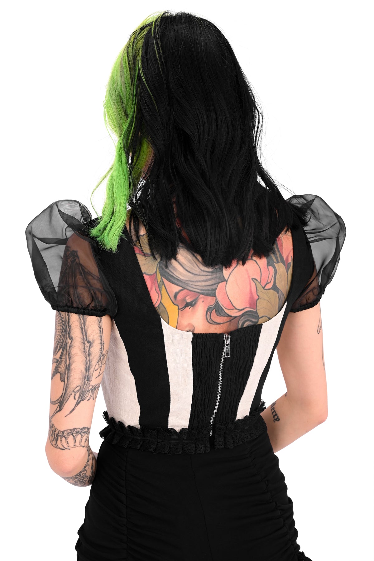 black and off white striped corset top with organza puff sleeves