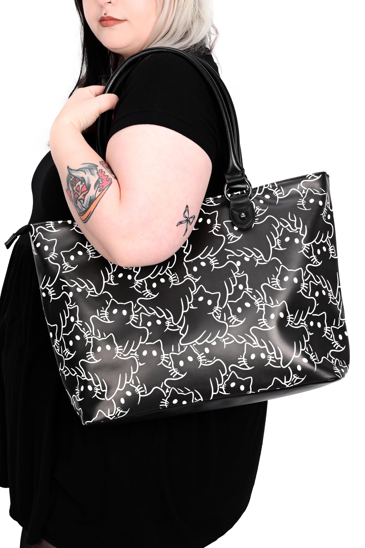 black PU tote bag with ghostcat design pattern outlined in white