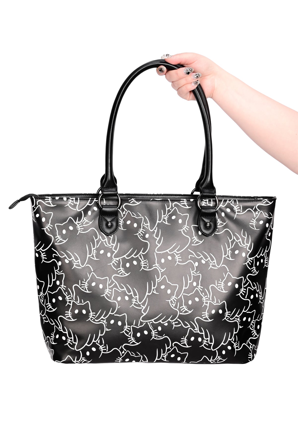 black PU tote bag with ghostcat design pattern outlined in white