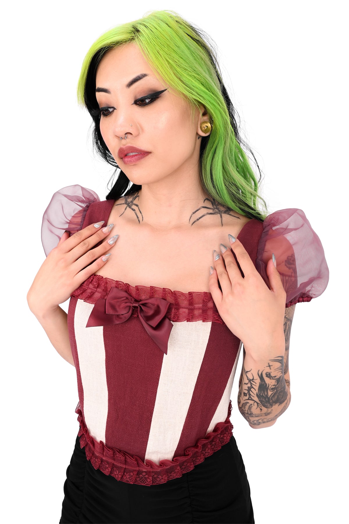 red and off white striped corset top with organza puff sleeves