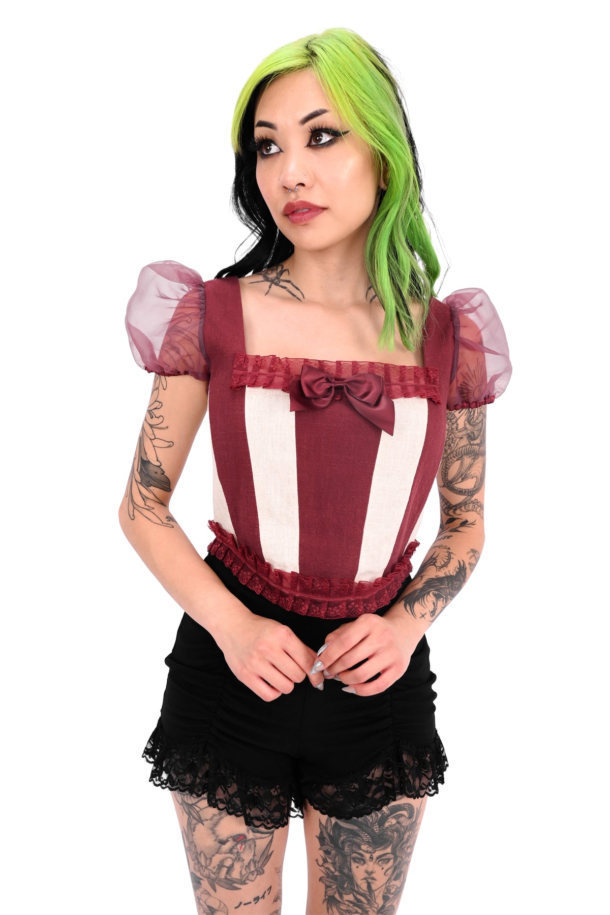 red and off white striped corset top with organza puff sleeves