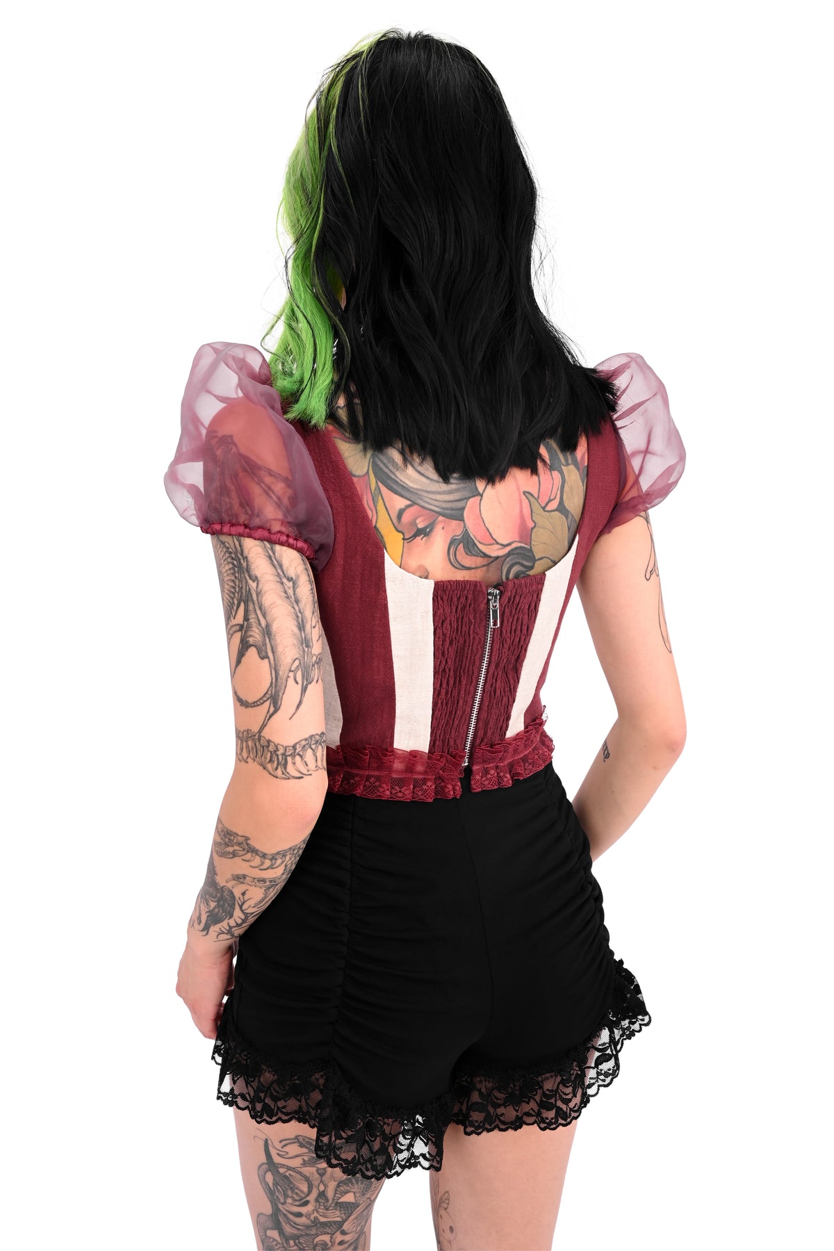 red and off white striped corset top with organza puff sleeves