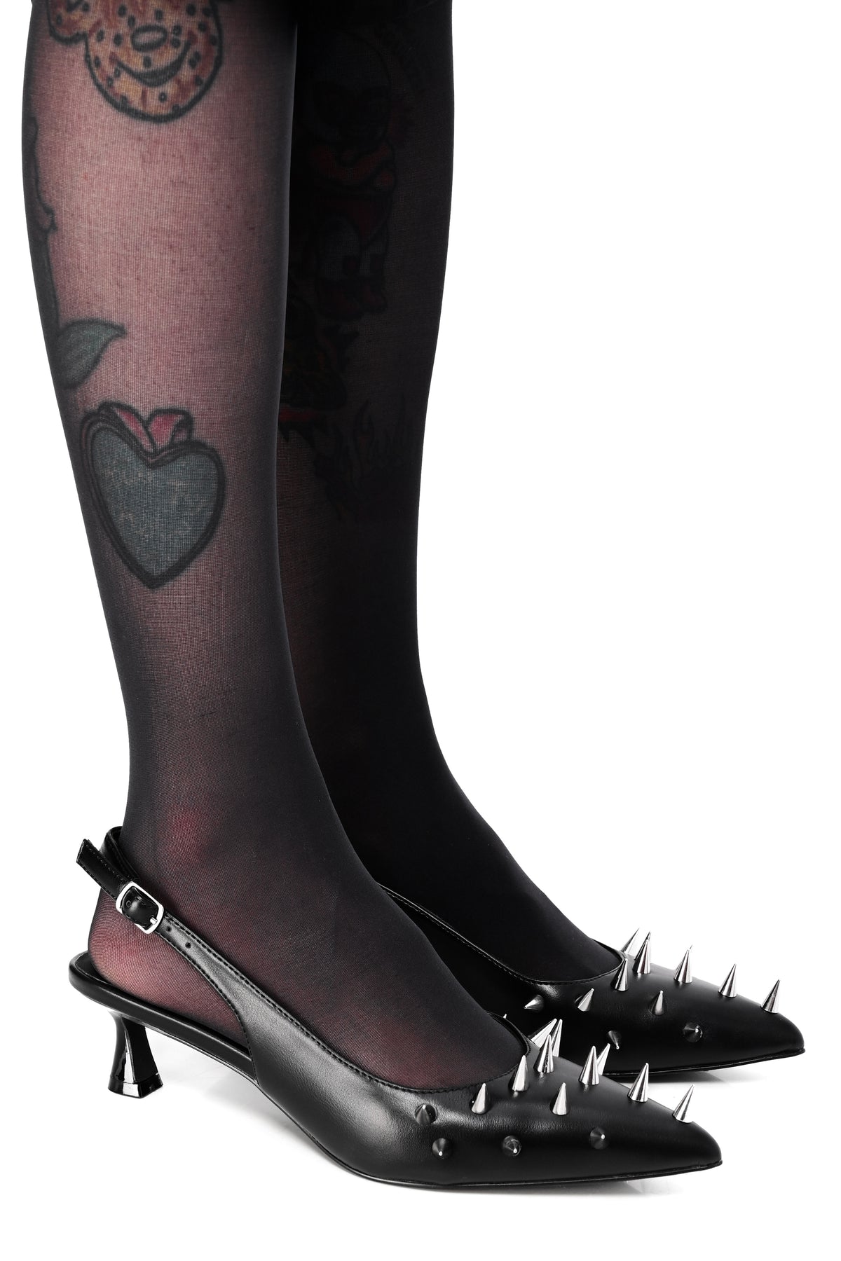 Black sling back kitten heel with spike studs on front