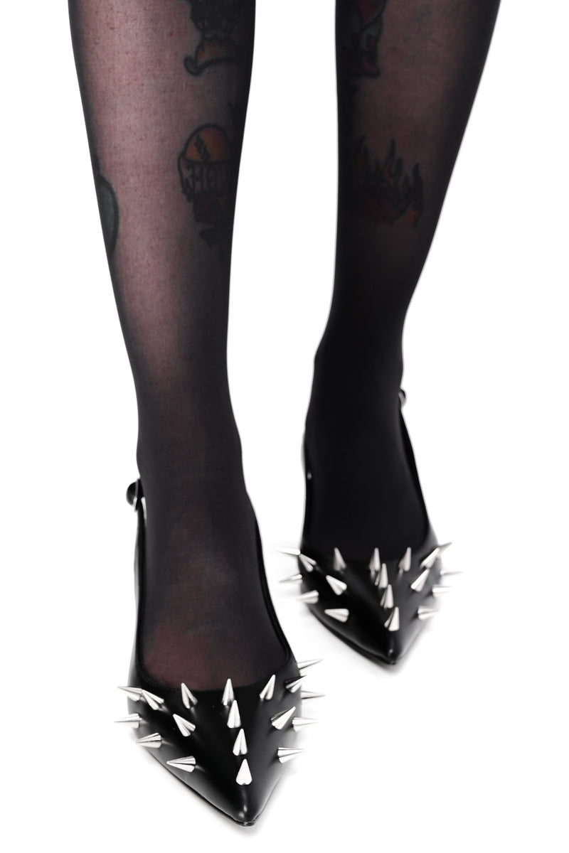 Black sling back kitten heel with spike studs on front