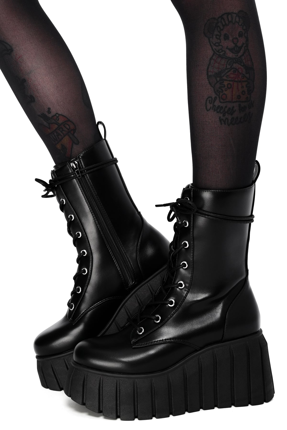 Black vegan leather platform boots with lace up front