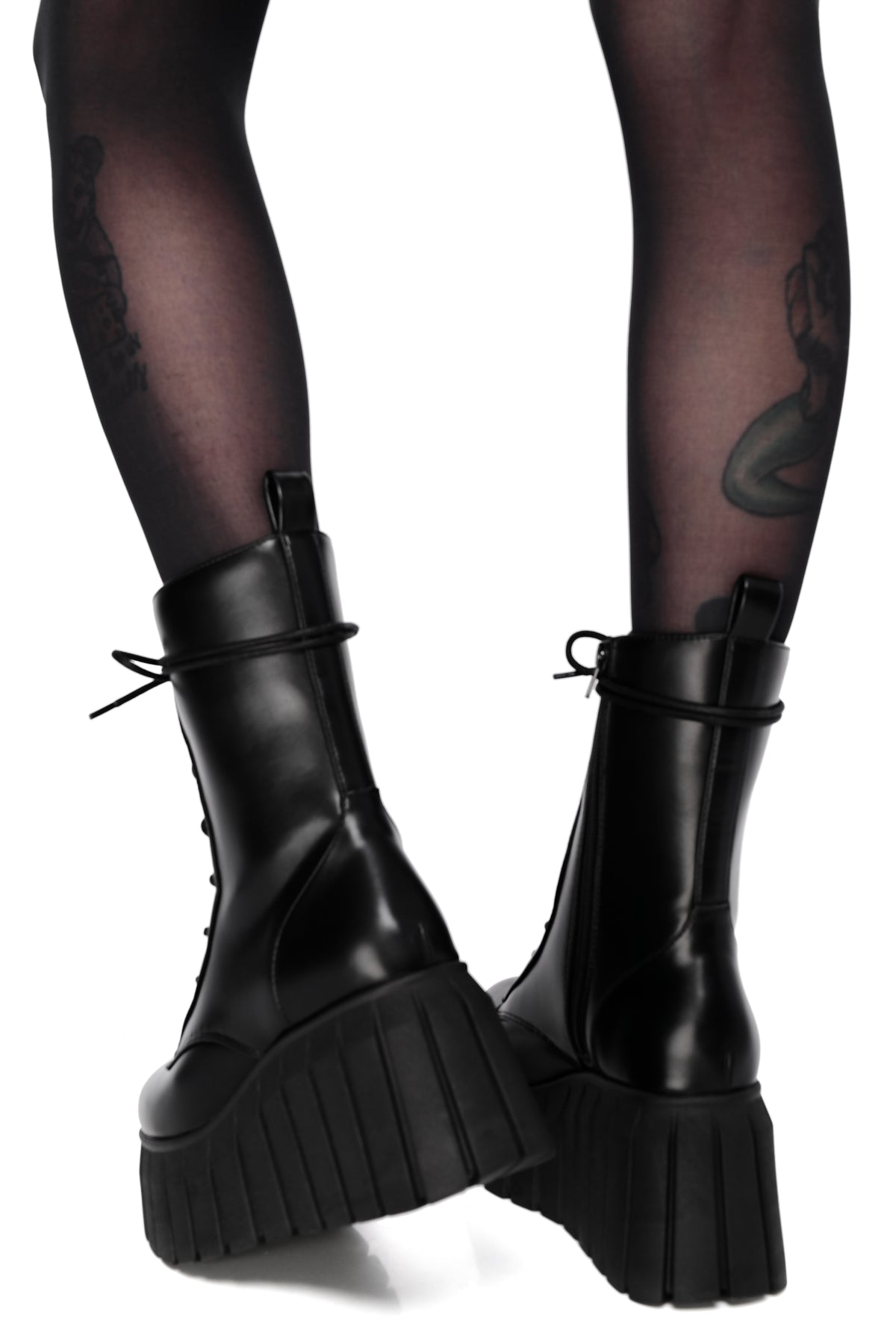 Black vegan leather platform boots with lace up front