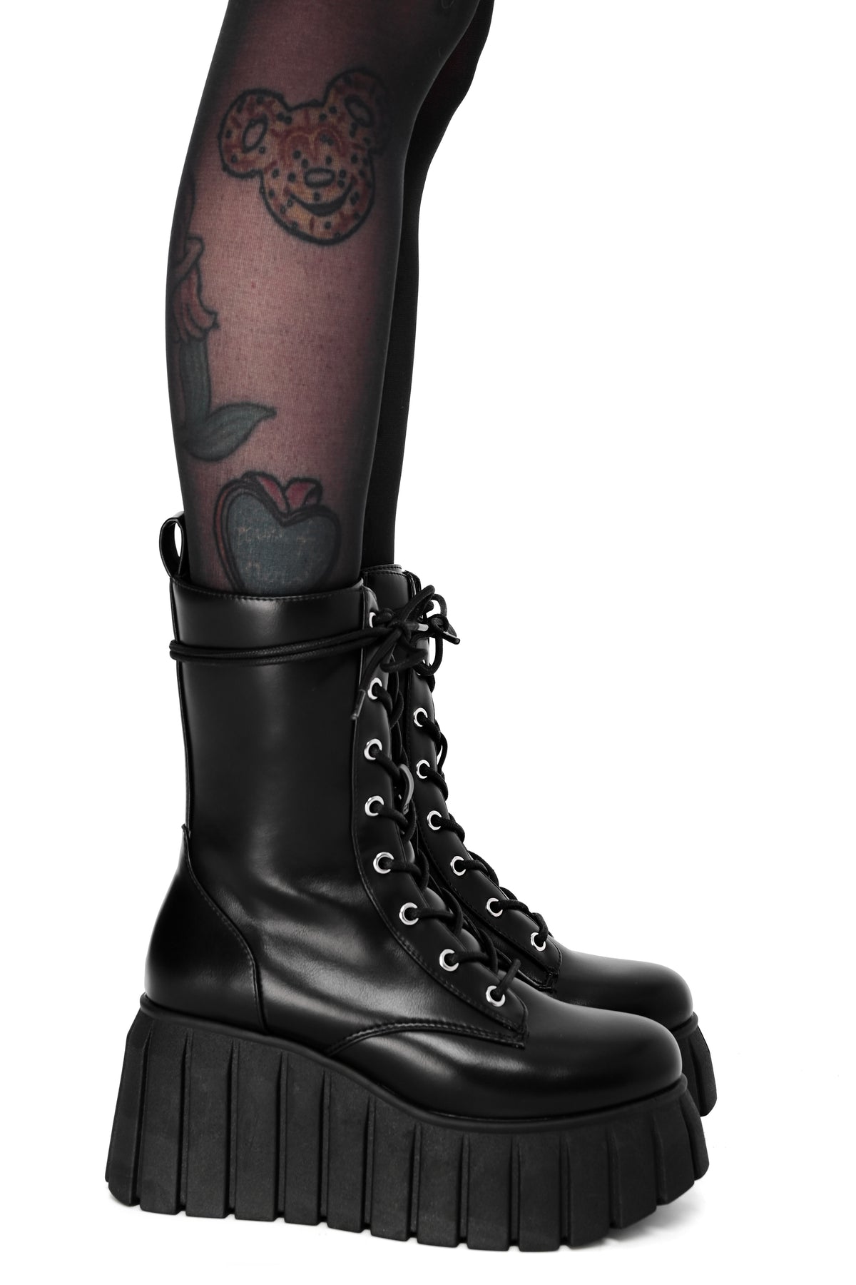 Black vegan leather platform boots with lace up front