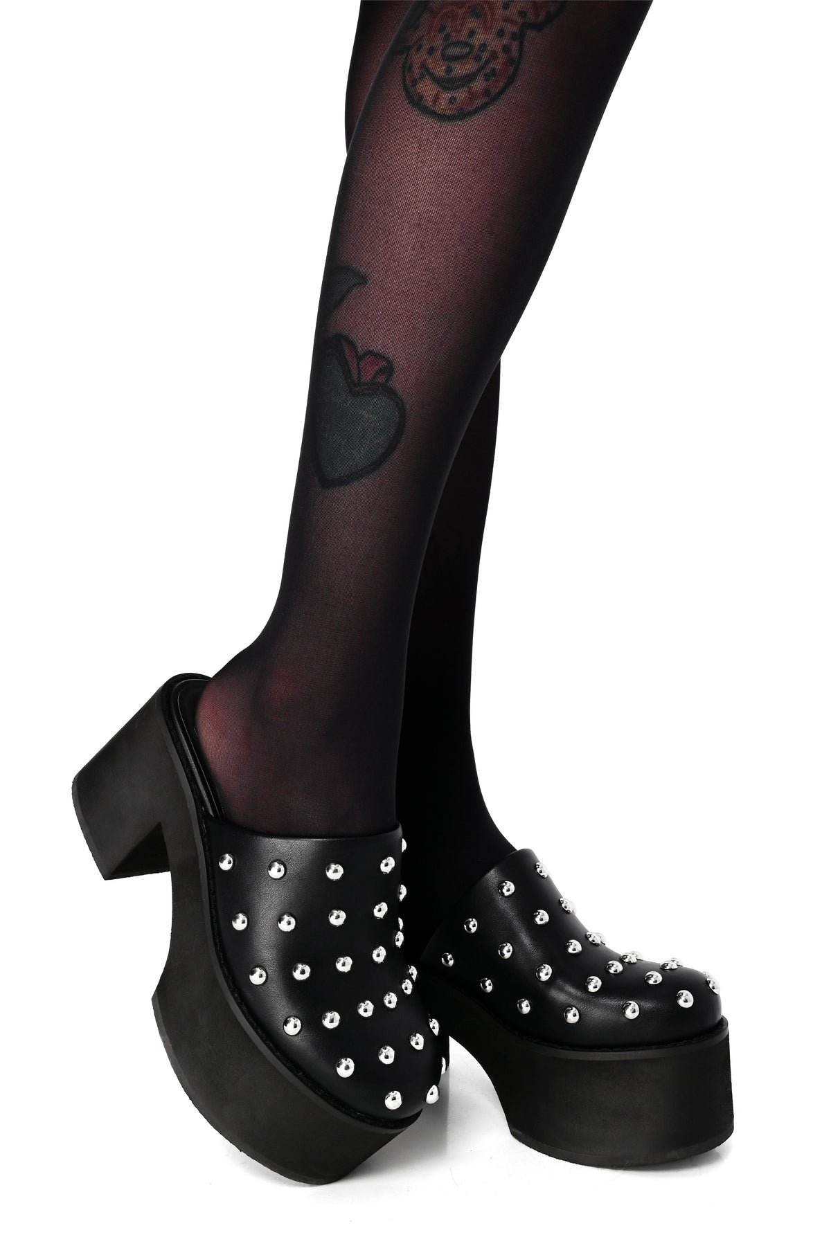 Black platform clogs with all over silver circle studs